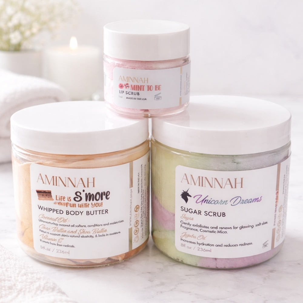 🌸 Aminnah 3-Pieceminnah Unicorn Dreams Sugar Scrub and Whipped Body Butter Set